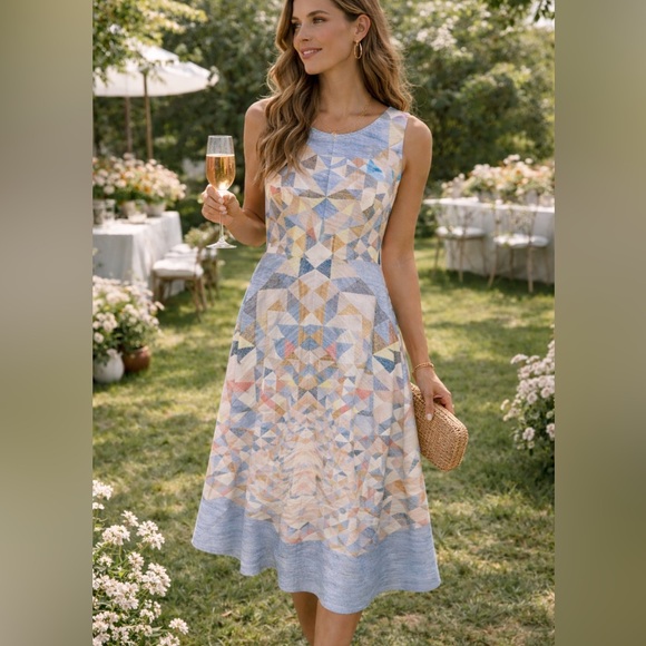 BCBGMaxAzria Dresses & Skirts - BCBGMaxAzria Geometric Print Midi Dress Sleeveless Pastel Blue Coral Accents 10